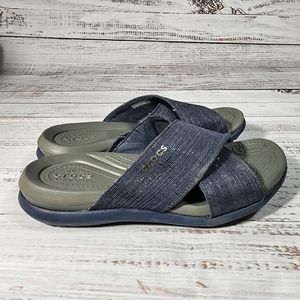 CROCS Capri Shimmer X Band Slide Sandal 204908 Women's Blue Metallic Silver